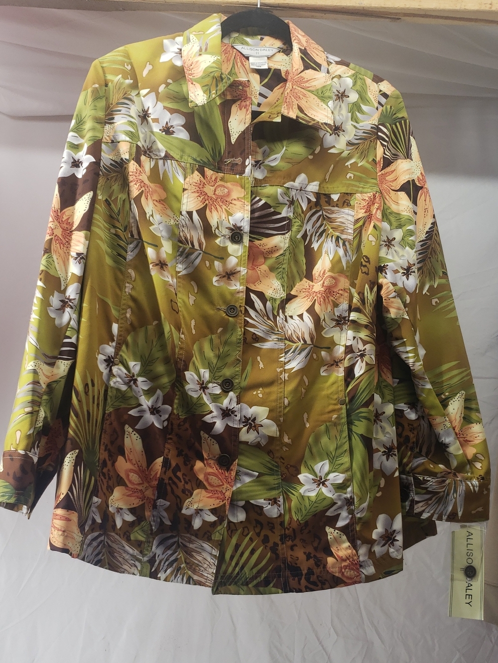 Allison Daley Olive Green Floral Button-Front Jacket